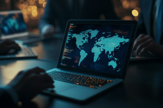 Una imagen de un ordenador con un mapa del mundo.