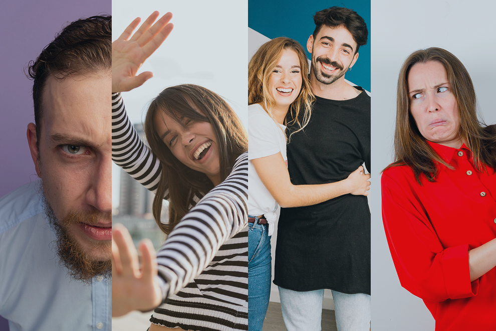 Una imagen dividida muestra a cuatro personas diferentes, reflejo de El nuevo consumidor energético: un hombre serio, una mujer sonriente que levanta la mano, una pareja feliz que se abraza y una mujer de rojo que pone cara de sorpresa sobre fondos variados.