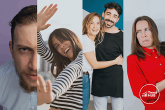 Un collage de cuatro paneles verticales capta la esencia de El nuevo consumidor energético: un hombre serio en primer plano, una mujer sonriente protegiéndose la cara, una pareja feliz abrazándose y una mujer de rojo mirando de reojo con recelo. Logotipo de Trend HUB en la parte inferior derecha.