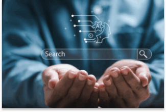 Una persona extiende sus manos ahuecadas bajo un gráfico de barra de búsqueda flotante, con un icono de IA y una cabeza humana encima, simbolizando el SEO en la era de la IA: Mitos y realidades en conceptos de búsqueda digital e inteligencia artificial.