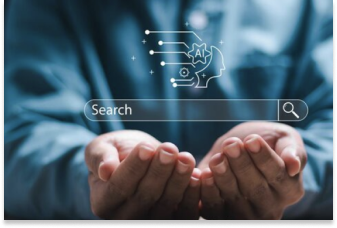 Una persona extiende sus manos ahuecadas bajo un gráfico de barra de búsqueda flotante, con un icono de IA y una cabeza humana encima, simbolizando el SEO en la era de la IA: Mitos y realidades en conceptos de búsqueda digital e inteligencia artificial.