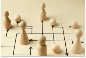 Figuras y esferas de madera se colocan sobre una superficie beige con líneas y flechas negras, ilustrando una red o estructura organizativa que refleja De CRO a CJO: la evolución de la optimización de la experiencia del cliente.