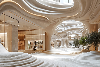 Modern interior space with sculpted, flowing white walls and ceilings reminiscent of sand dunes; glass storefronts, mannequins and small green trees are visible. Natural light floods in from above. Get to know our Loyalty Hub in this unique setting.