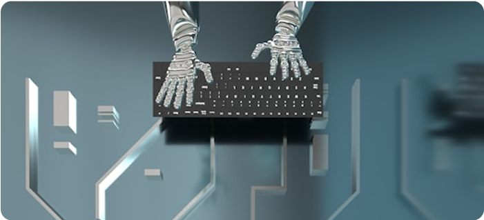 Manos robóticas escribiendo en un teclado negro sobre un fondo azul similar a un circuito, que simboliza la inteligencia artificial, la tecnología y el diseño innovador de experiencias.