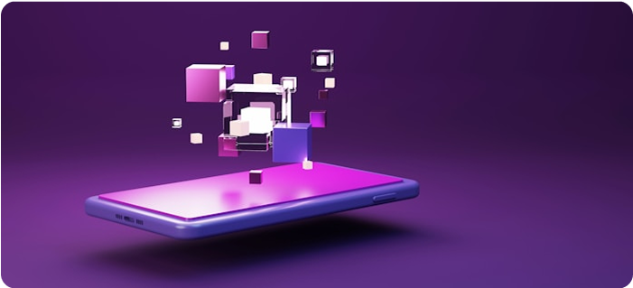 Un smartphone morado flota sobre un fondo púrpura, con varios cubos y cuadrados en 3D que emergen de su pantalla, ilustrando la innovación digital y el diseño de experiencias de vanguardia.