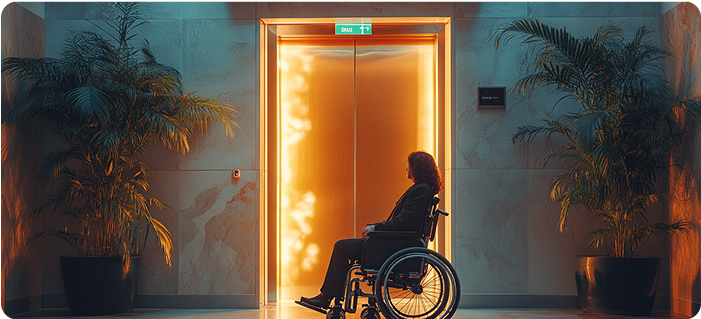 Una persona en silla de ruedas espera frente a un ascensor abierto y cálidamente iluminado en un edificio moderno, rodeado de grandes macetas: una escena acogedora que pone de relieve un diseño de experiencias bien pensado.