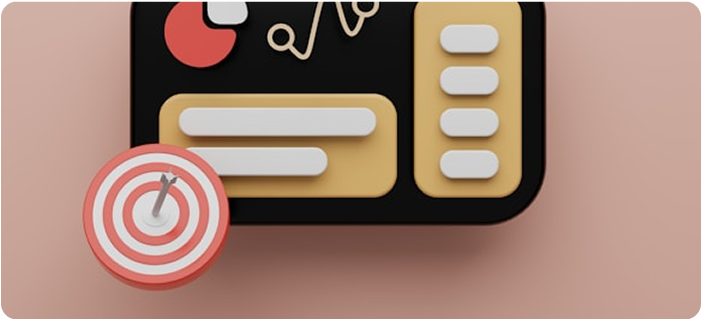 Ilustración en 3D de un tablero de instrumentos con gráficos y botones en negro, amarillo y blanco, destacando el diseño de la experiencia, junto a una diana roja y blanca con una flecha en el centro, sobre un fondo rosa claro.