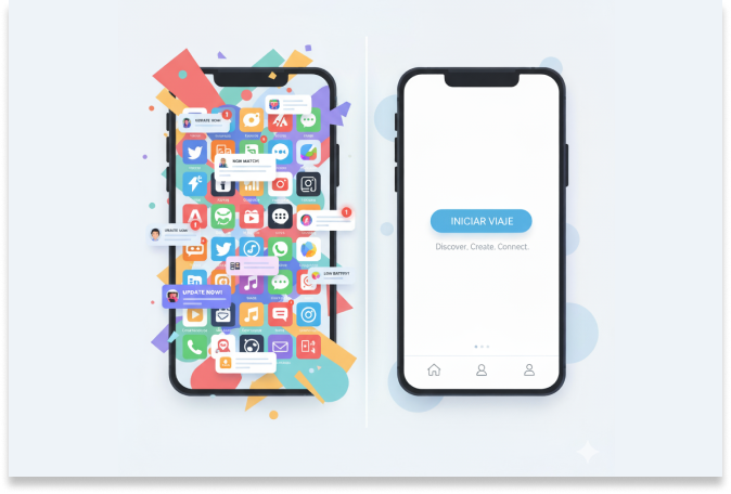 Dos smartphones uno al lado del otro; la pantalla izquierda está repleta de coloridos iconos de aplicaciones y notificaciones, mientras que la derecha destaca la simplicidad en el diseño UX con un botón azul "INICIAR VIAJE" y sencillos iconos de navegación en la parte inferior.