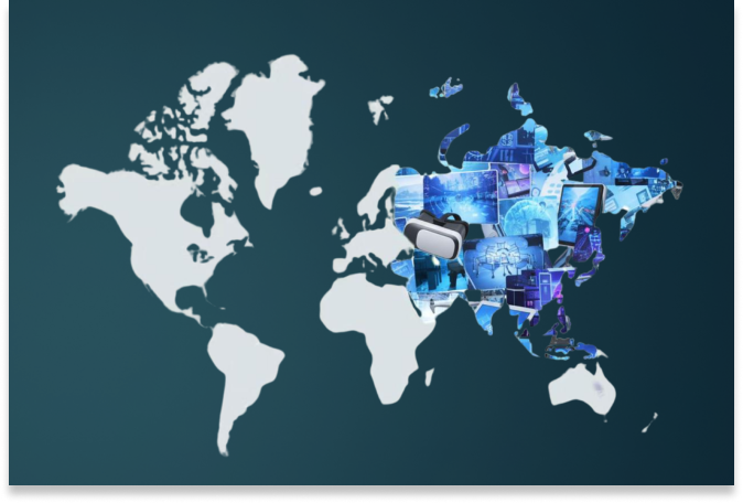Un mapamundi destaca Asia con imágenes de tecnología digital y un casco de realidad virtual, ilustrando el contraste UX asiático vs UX latinoamericano, mientras que el resto de continentes se representan en blanco liso.