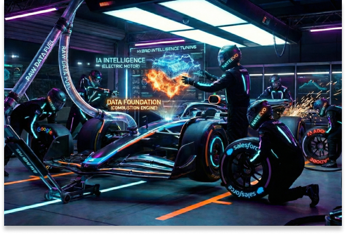 Un equipo de boxes futurista con trajes resplandecientes atiende un coche de carreras de alta tecnología, con superposiciones digitales que ilustran la inteligencia artificial, la base de datos y la puesta a punto de motores híbridos, explorando contrastes como UX asiático frente a UX latinoamericano en un garaje iluminado con neón.