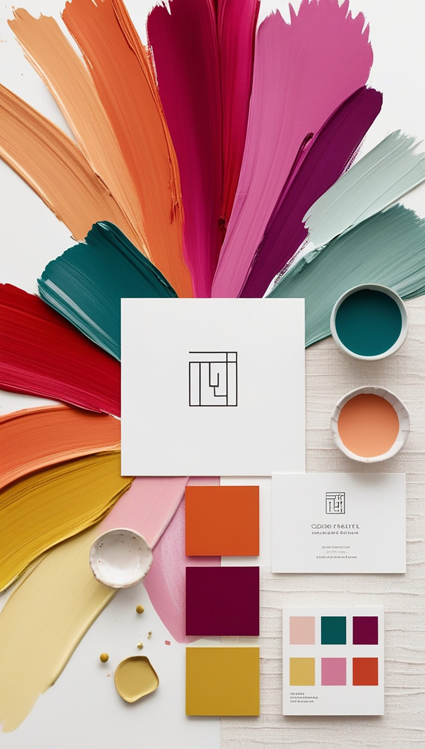 Una variedad de coloridas muestras y trazos de pintura se abren en abanico alrededor de materiales artísticos y cartas de colores sobre una superficie blanca, mostrando una paleta de tonos vibrantes perfecta para una marca basada en la experiencia.