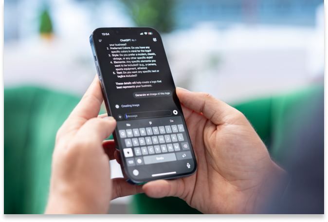 Una persona sujeta un smartphone con ambas manos, viendo y escribiendo un mensaje en una aplicación de chat sobre SEO y GEO: cómo posicionar tu marca en la era de la IA. El fondo está difuminado.