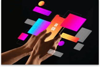 Una persona sostiene un teléfono inteligente que muestra "UI UX" en la pantalla, rodeado de vibrantes elementos flotantes de interfaz de usuario e iconos gráficos, destacando lo esencial de SEO y GEO: cómo posicionar tu marca en la era de la IA.