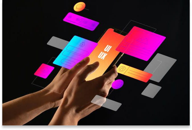 Una persona sostiene un teléfono inteligente que muestra "UI UX" en la pantalla, rodeado de vibrantes elementos flotantes de interfaz de usuario e iconos gráficos, destacando lo esencial de SEO y GEO: cómo posicionar tu marca en la era de la IA.