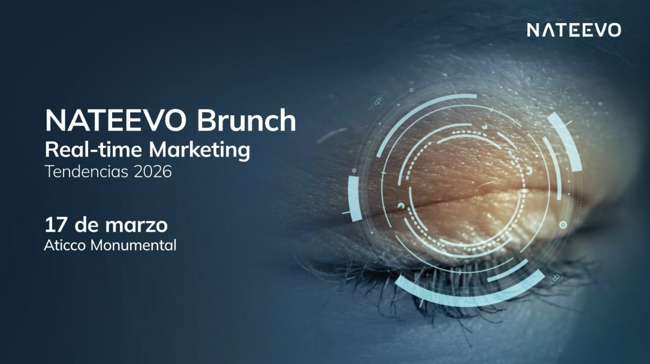 Primer plano de un ojo humano con superposiciones gráficas digitales. Texto: NATEEVO Brunch, Real-time Marketing, Tendencias 2026, 17 de marzo, Aticco Monumental. El logotipo de NATEEVO aparece en la esquina superior derecha.