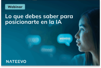 Un gráfico promocional para un seminario web titulado Lo que debes saber para posicionarte en la IA presenta a una mujer de perfil con elementos digitales y burbujas de chat, destacando Posicionamiento en IA, y muestra el logotipo de NATEEVO en la parte inferior.