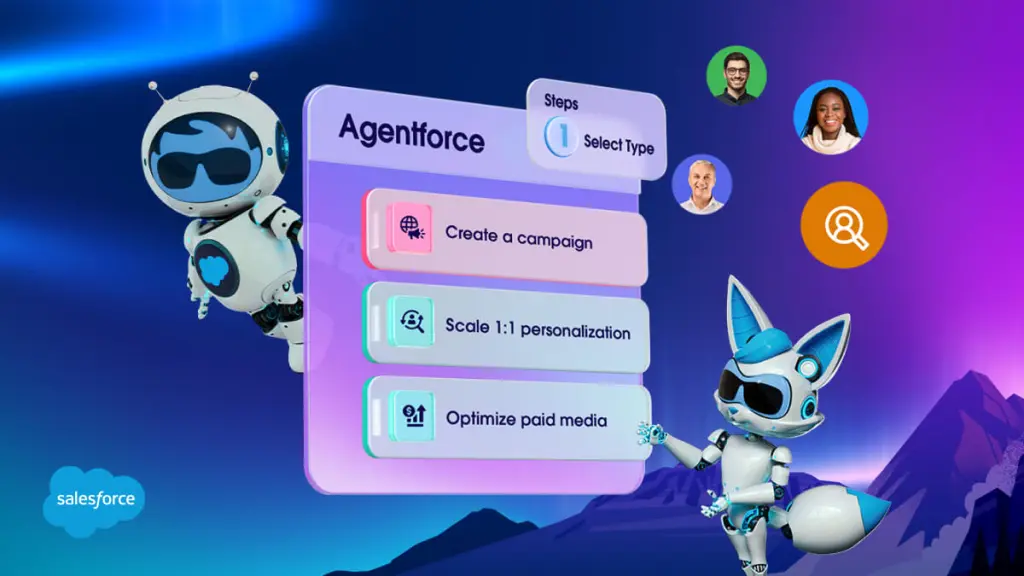 Dos simpáticas mascotas robot presentan una pizarra digital titulada Agentforce con tres pasos: Crear una campaña, Escalar la personalización 1:1 y Optimizar los medios de pago. Iconos y perfiles humanos flotan alrededor, promocionando el seminario web: Lo nuevo en Agentforce Marketing.