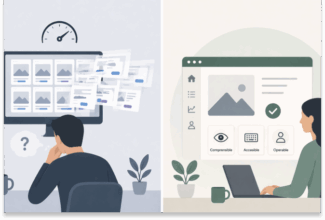 Ilustración dividida: A la izquierda, una persona mira confusa una pantalla de ordenador desordenada. A la derecha, otra persona utiliza un ordenador portátil con una interfaz organizada, gracias al diseño digital con IA y criterio, y parece tranquila y concentrada.