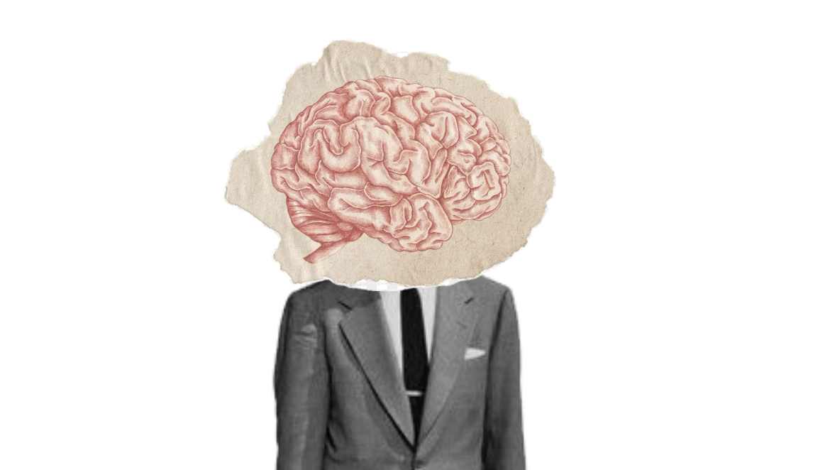 Un collage recortado de una persona con traje de negocios que sostiene un maletín, con un cerebro esbozado sustituyendo a su cabeza. El fondo blanco minimalista alude al tema de la economía conductual, perfecto para promociones de seminarios web.