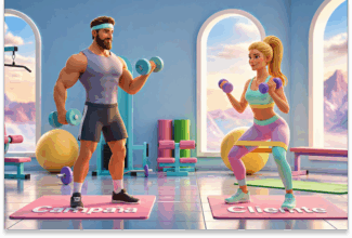 Dos personajes animados -un hombre en una colchoneta Campana y una mujer en una colchoneta Cliente- hacen ejercicio con mancuernas en un luminoso gimnasio con vistas a la montaña, reflejando la energía y concentración necesarias para la optimización del valor del cliente (CVO).