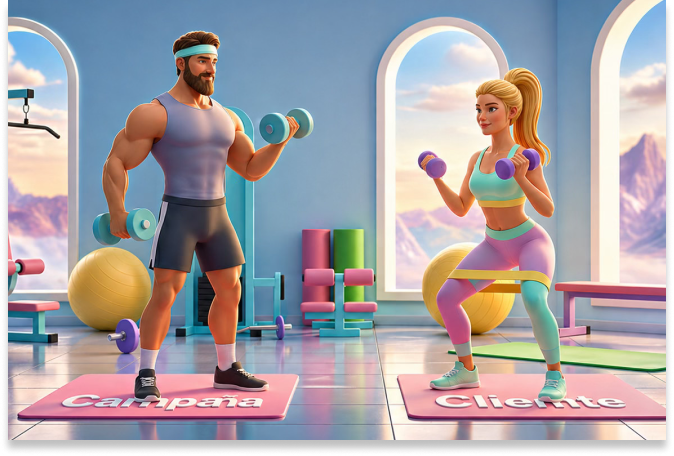Dos personajes animados -un hombre en una colchoneta Campana y una mujer en una colchoneta Cliente- hacen ejercicio con mancuernas en un luminoso gimnasio con vistas a la montaña, reflejando la energía y concentración necesarias para la optimización del valor del cliente (CVO).