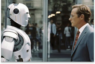 Un robot humanoide y un hombre trajeado se encuentran frente a frente en el exterior de un edificio moderno, con personas difuminadas en el fondo, simbolizando la adopción de IA en las empresas y la evolución de la relación entre tecnología y humanidad.