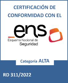 Insignia de certificación que indica Certificación de conformidad con el Esquema Nacional de Seguridad, Categoría ALTA, RD 311/2022 con el logotipo ENS.