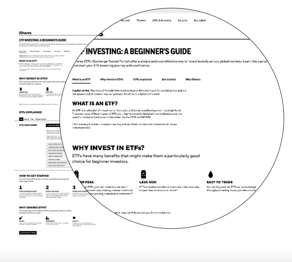 Una sección ampliada de una página web titulada «Invertir en ETF: guía para principiantes» utiliza la economía conductual para aumentar la conversión, con títulos en negrita, párrafos breves e iconos que explican conceptos básicos sobre los ETF, las ventajas de la inversión y los pasos para empezar.