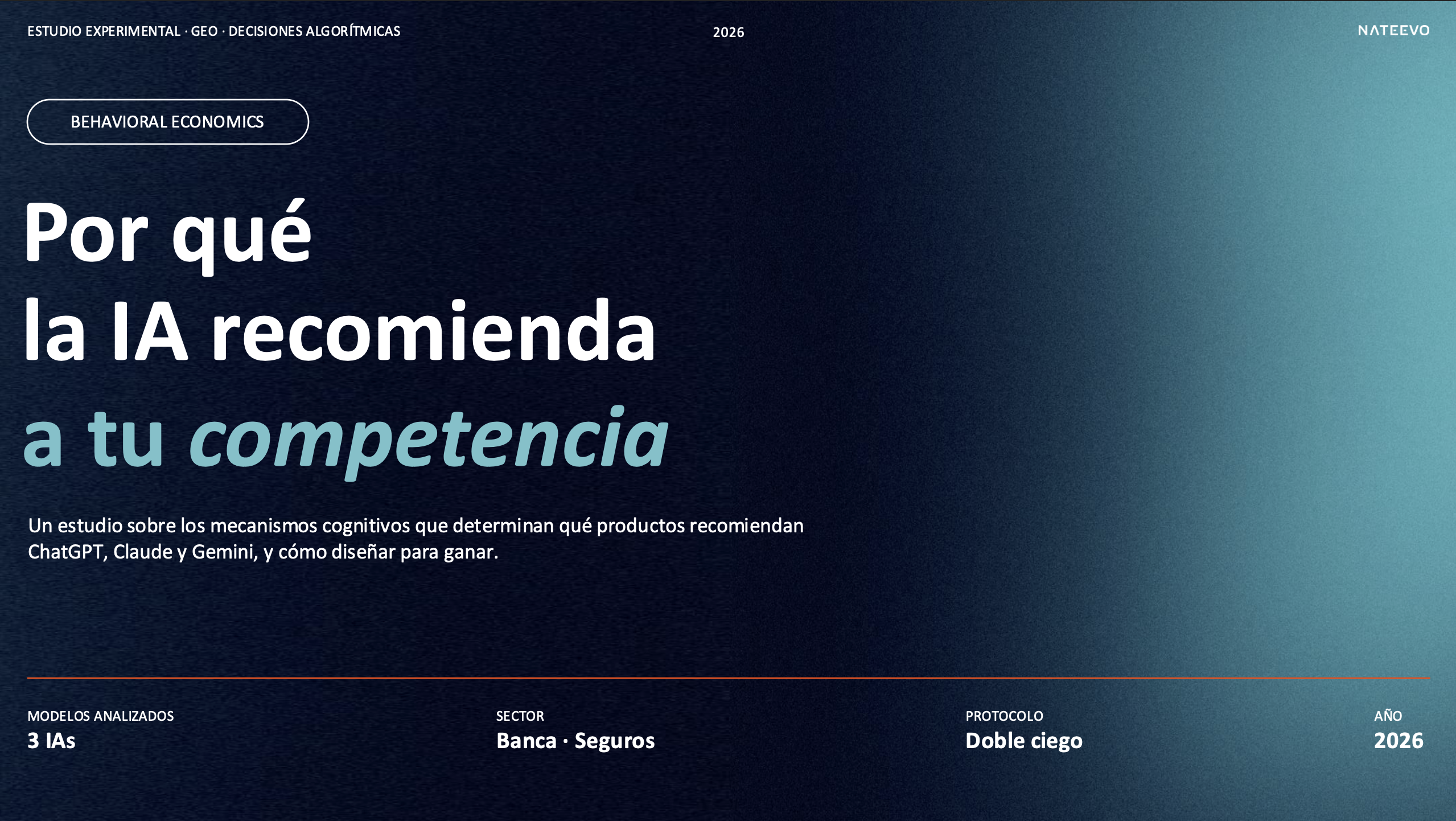 Diapositiva en español con un fondo azul oscuro degradado. El título principal reza: «¿Por qué la IA recomienda a tu competencia?», en letras grandes. El texto adicional menciona el tema del estudio, el sector, el protocolo y el año: 2026.