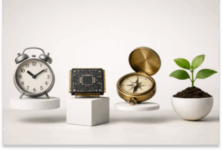Un despertador, un chip informático, una brújula de latón y una pequeña planta en maceta se exhiben uno al lado del otro sobre soportes sobre un fondo claro, simbolizando la innovación y la orientación inspiradas en las tendencias de marketing de 2026.