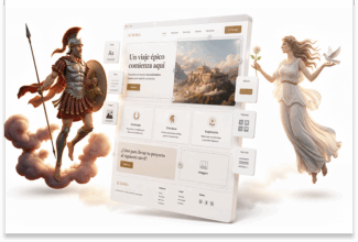 Una interfaz digital en español, que ofrece personalización a escala, flota entre un guerrero griego sobre una nube y una mujer con túnica que sostiene una rama, lo que simboliza una fusión entre la tecnología y la mitología antigua.