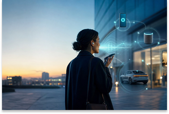Una mujer se encuentra frente a un edificio moderno al atardecer, hablando por el móvil. A su alrededor flotan ilustraciones de dispositivos inteligentes —entre ellos, un coche, un altavoz y un termostato—, que simbolizan la tecnología conectada y las posibilidades de la personalización a gran escala.