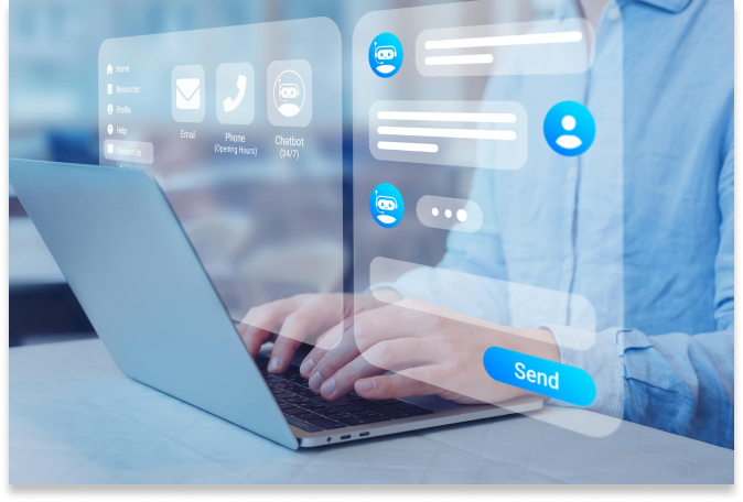 Una persona escribiendo en un ordenador portátil con una interfaz digital superpuesta en la que se muestran iconos de contacto y una ventana de chat, lo que ilustra el marketing conversacional.