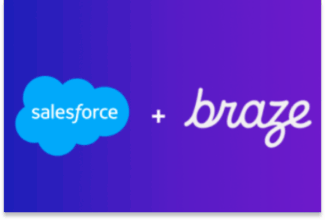 Los logotipos de Salesforce y Braze, separados por un signo más sobre un fondo morado con degradado, ilustran una posible compra de Braze por parte de Salesforce.